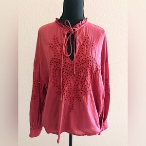 Zara Women’s Cherry Red Eyelet Blouse | Bohemian Lace Detail Top